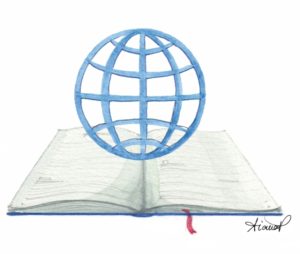 Open book with blue globe on top to represent publishing economics papers
