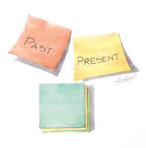 Sticky notes with past and present verb tenses in scientific writing