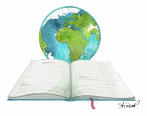Open book with globe behind to represent writing geoscience papers resources