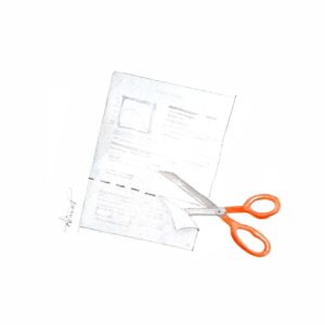 Pair of orange scissors cutting a sheet of paper to symbolize reducing economics manuscript word count