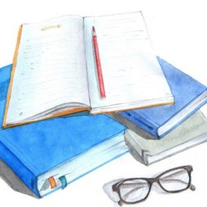 Watercolor showing blue and yellow books with red pen and black eyeglasses to symbolize freelance English editing